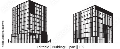 Modern Corporate Office Silhouette – Glass Facade Grid in Sleek Vector Icon Style

