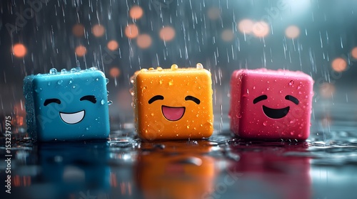 Three Smiling Cube Characters in the Rain