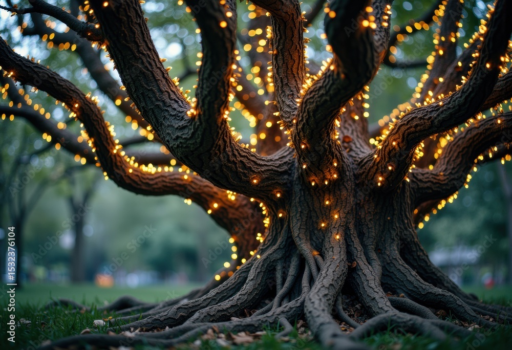 Naklejka premium A beautifully illuminated tree with glowing lights wrapped around its branches