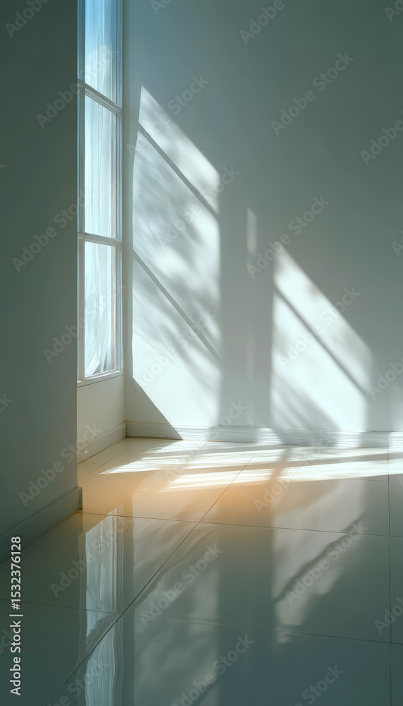 Obraz premium Sunlight streaming through a window casting shadows on a blank wall