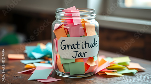 Gratitude jar filled with colorful notes expressing thankfulness and appreciation