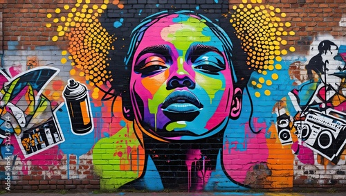 Street art pop art piece with stencil faces, graffiti splashes, halftone dots, and bold outlines layered over a grungy, textured wall background.