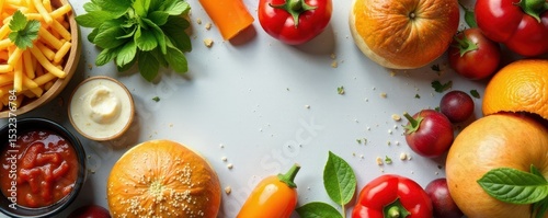Close up flat lay of various food and beverage items, tea, main course