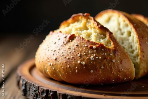 Close-up of rustic sourdough bread, golden crust , breakfast, food styling, still life