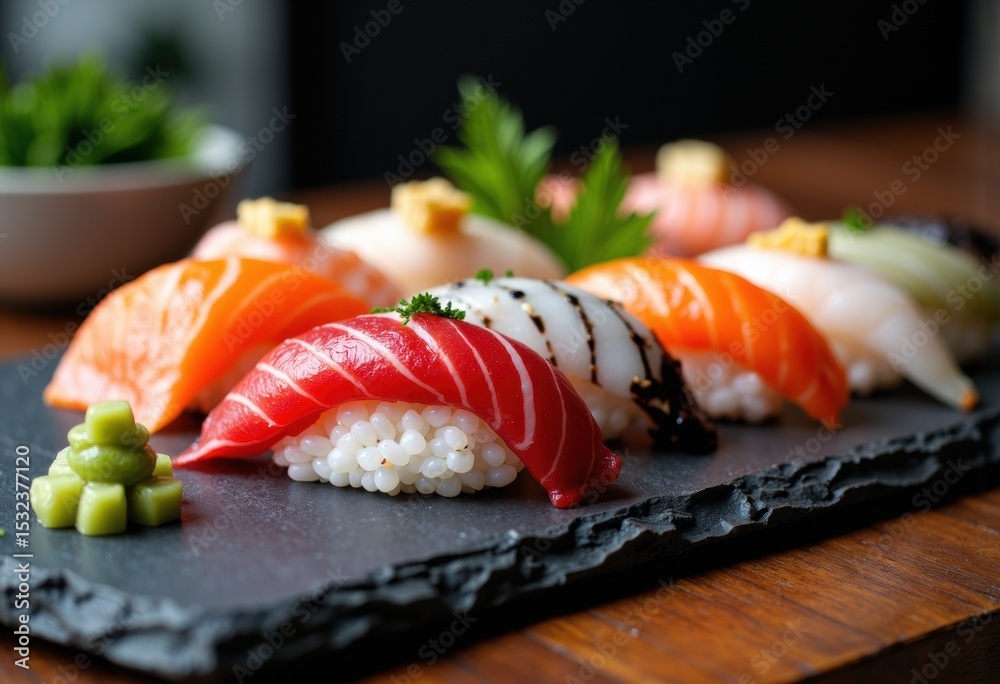 Assorted fresh sushi pieces arranged on a dark slate serving platter with garnishes Assorted fresh sushi pieces arranged on a dark slate serving platter with garnishes