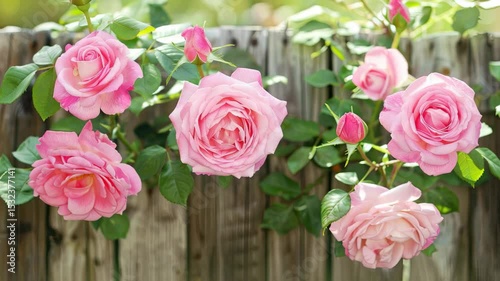 Vibrant pink roses flourish on climbing vines against a weathered wooden fence with bright green leaves in the spring sunshine