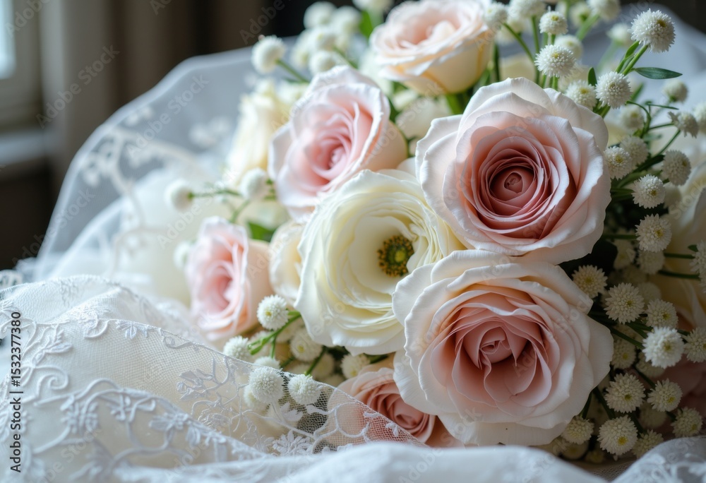 Obraz premium Elegant bouquet of pink and white roses with delicate white filler flowers on lace fabric