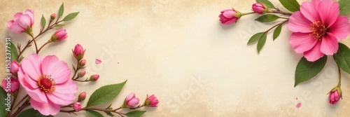 Delicate blossoms scattered across aged paper backdrop , blossom, full bloom