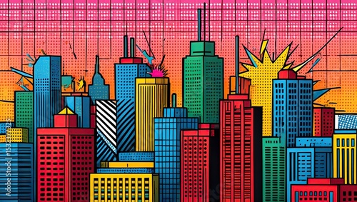 Bustling city skyline in bold pop art style with vibrant color blocks, halftone dots, starbursts, stripes, and a dynamic gradient sky with dotted patterns.