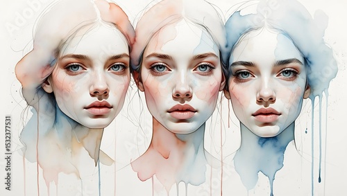Minimalist portraits with soft watercolor washes, delicate paint drips, and transparent color layers that highlight facial features with emotional artistry.