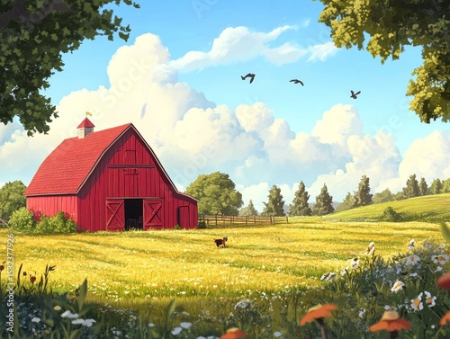 A cute cartoon farm scene with a barn in a summer field.
