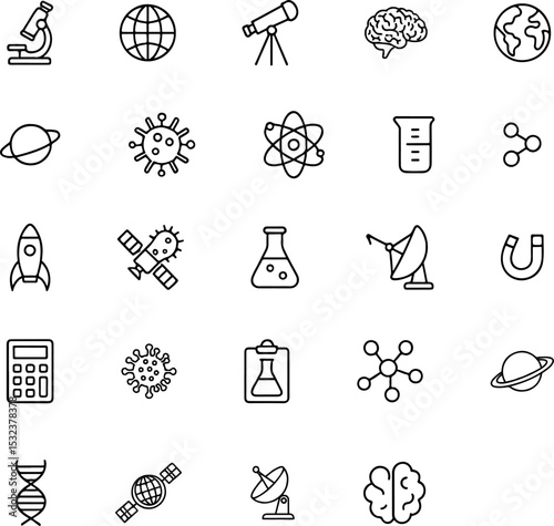 Science  And Technology Line Art Icons- Biology, Chemistry, Astronomy  And Lab Research Vector Set.