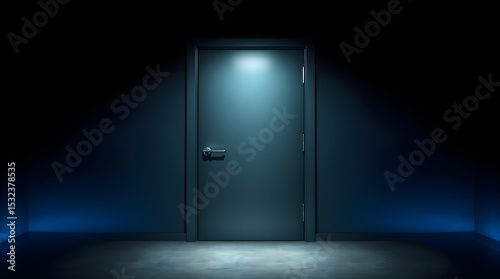 Closed door illuminating dark room with blue lights