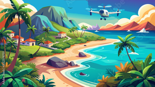 Experience the ultimate travel concept through vacation background. Aerial drone view reveals a beautiful Caribbean tropical island with lush palms and stunning turquoise water, designed in elegant ba