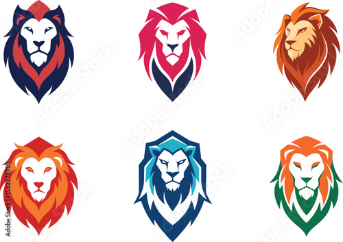 Six vibrant lion head logos ideal for branding projects needing majestic animal symbols strong design elements and scalable graphics