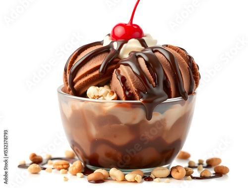 Chocolate ice cream sundae dripping with chocolate sauce and peanuts