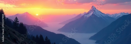 Majestic mountain range at sunrise, misty peaks , summit, cliffs