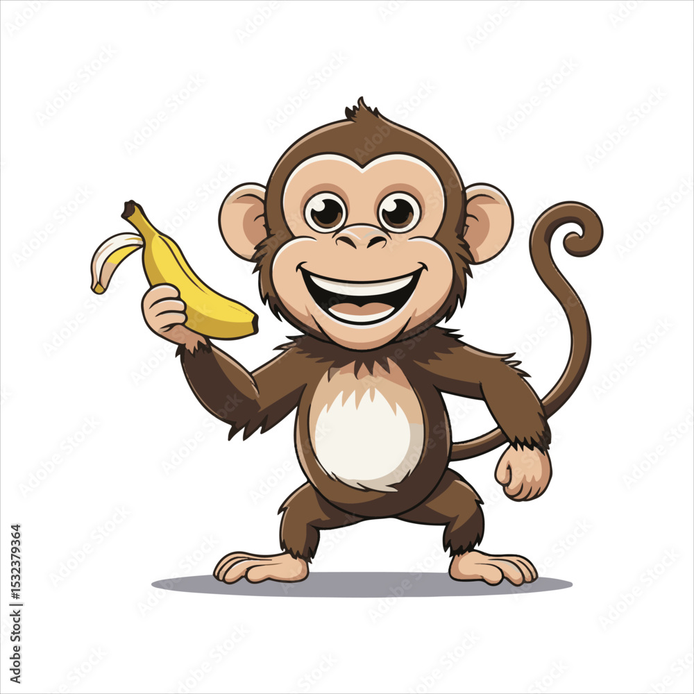 Obraz premium Happy Cartoon Monkey Holding Banana,Cute Monkey Vector Illustration,Funny Monkey Character for Kids,Cartoon Monkey with Banana Vector,Playful Monkey Mascot Design,Smiling Monkey Clipart for Children