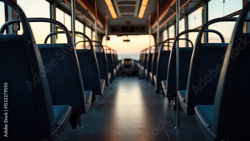 Un interior de autobús moderno y sereno bañado por una luz cálida y suave del atardecer que se filtra a través de las grandes ventanas