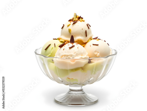 Delicious pistachio and vanilla ice cream decorated with chocolate sprinkles and pistachios in glass bowl