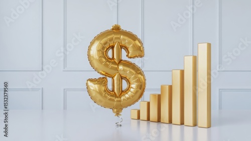 Gold dollar sign balloon and rising bar graph