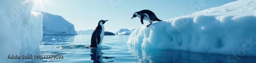 Sleek Gentoo penguin dramatically enters ocean from tall iceberg , bird diving, cold