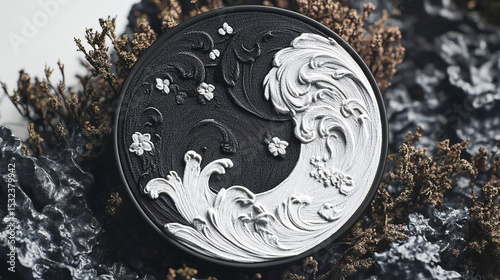 Black and white round embroidered patch mockup