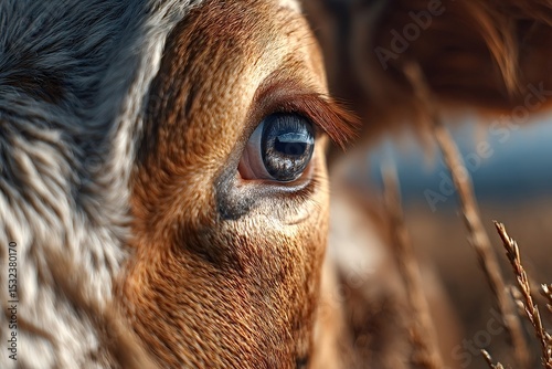 Close-up of a cow's blue eye with long eyelashes, standing in a field with dry grass, highlighting the beauty and gentleness of farm animals