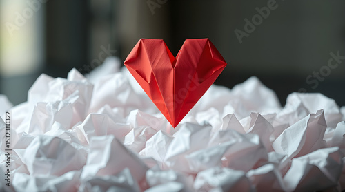 Red origami heart levitating over crumpled paper balls