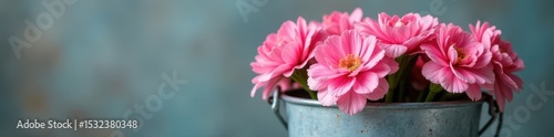 Vibrant pink carnations overflowing from a galvanized zinc bucket Happy Mother's Day message implied , mothers day, detail