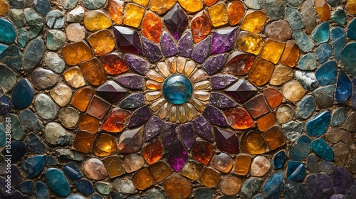 A vibrant mosaic of colorful stones forms a captivating, symmetrical floral pattern.
