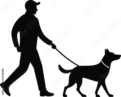 A man walking with dog line art silhouette vector illustration