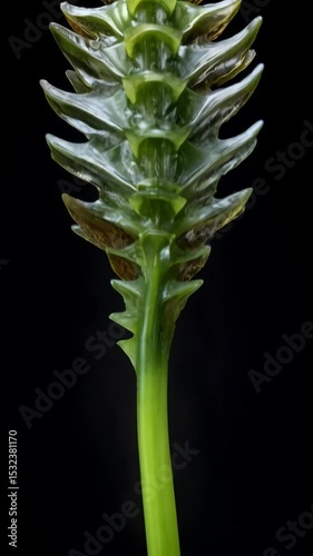 Isolated green kelp seaweed macro shot on black background, textured foliage with pointy segments resembling underwater tree.