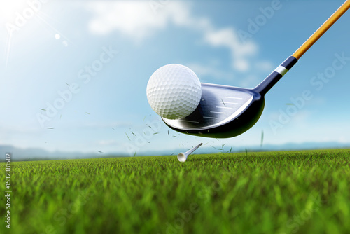 Wall Mural Golf club hitting ball with flying grass in close up action shot