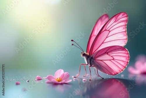 Delicate pink butterfly wings, soft focus, white backdrop, isolated, grace