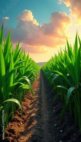 Emerald rows of sugarcane under a vibrant sky, plant, panorama