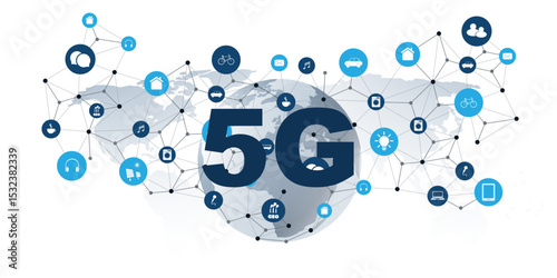 An illustration of 5G wireless network technology and Internet of Things (IoT), featuring a global world map background, connected smart devices, and icons for mobility, communication, and automation