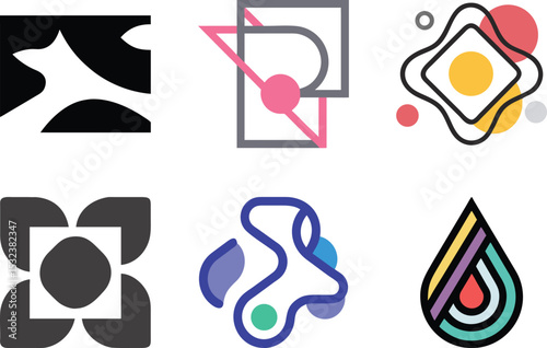 Six icon Collection of six unique abstract logo designs with various shapes and colors