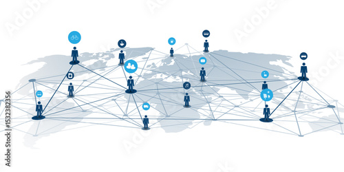 A vector illustration showing people connected through a global digital network, symbolizing communication, remote collaboration, and smart technology interaction across the world map.