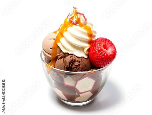 Delicious ice cream sundae with whipped cream, caramel sauce, and strawberry