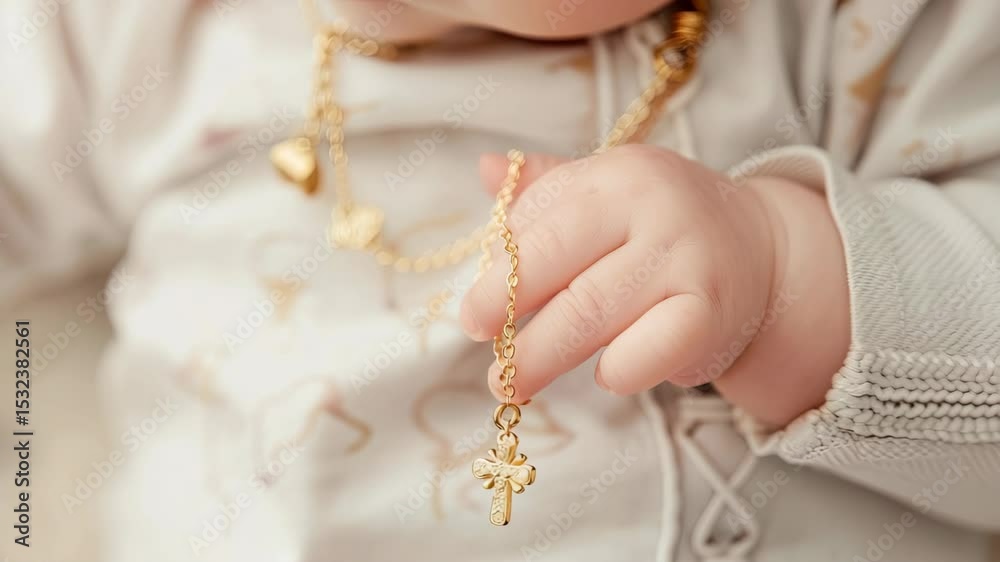 A small hand gently grips a gold necklace featuring a charming pendant, emphasizing the beauty of childhood moments filled with warmth