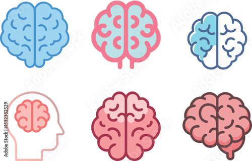 Six icon Different Artistic Illustrations of the Human Brain in Various Colors and Styles