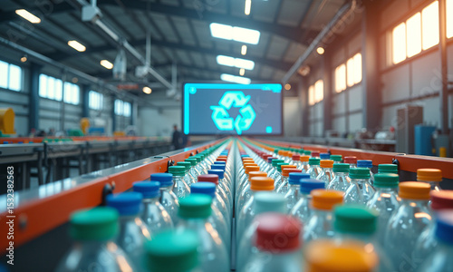 Plastic bottles neatly arranged on a production line under warm industrial lighting.