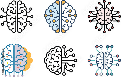 Six icon Collection of six unique human brain icons representing artificial intelligence