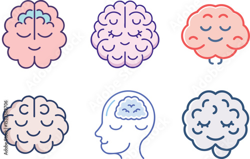 Six icon Six simplified brain illustrations representing cognitive functions and mental states
