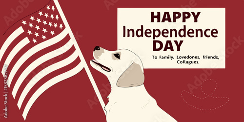 4 July Independence Day. American Flag, cute puppy .Closeup, indoors. Studio shot. Congratulations for family, loved ones, friends and colleagues. Pets care concept red background illustration 