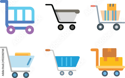 Six icon Colorful Set of Shopping Carts and Trolleys for Online Commerce, Retail