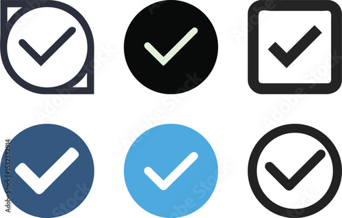 Six icon Collection of Check Mark Icons in Various Styles and Color Combinations