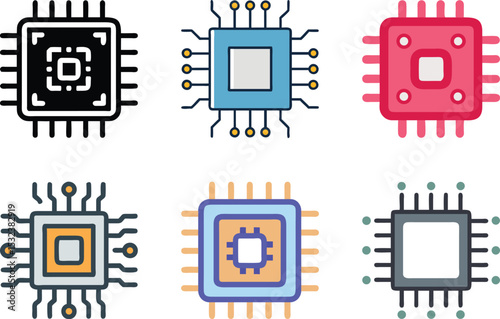 Six icon Collection of Computer Chip Illustrations in Various Colors and Styles