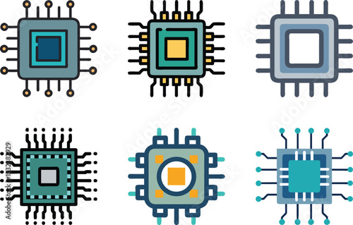 Six icon Set of abstract computer chip icons representing high technology and microprocessors